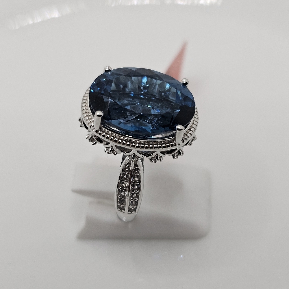 Natural London Blue Topaz & Diamond Ring in Sterling Silver & Rhodium Size 7! - Picture 10 of 16